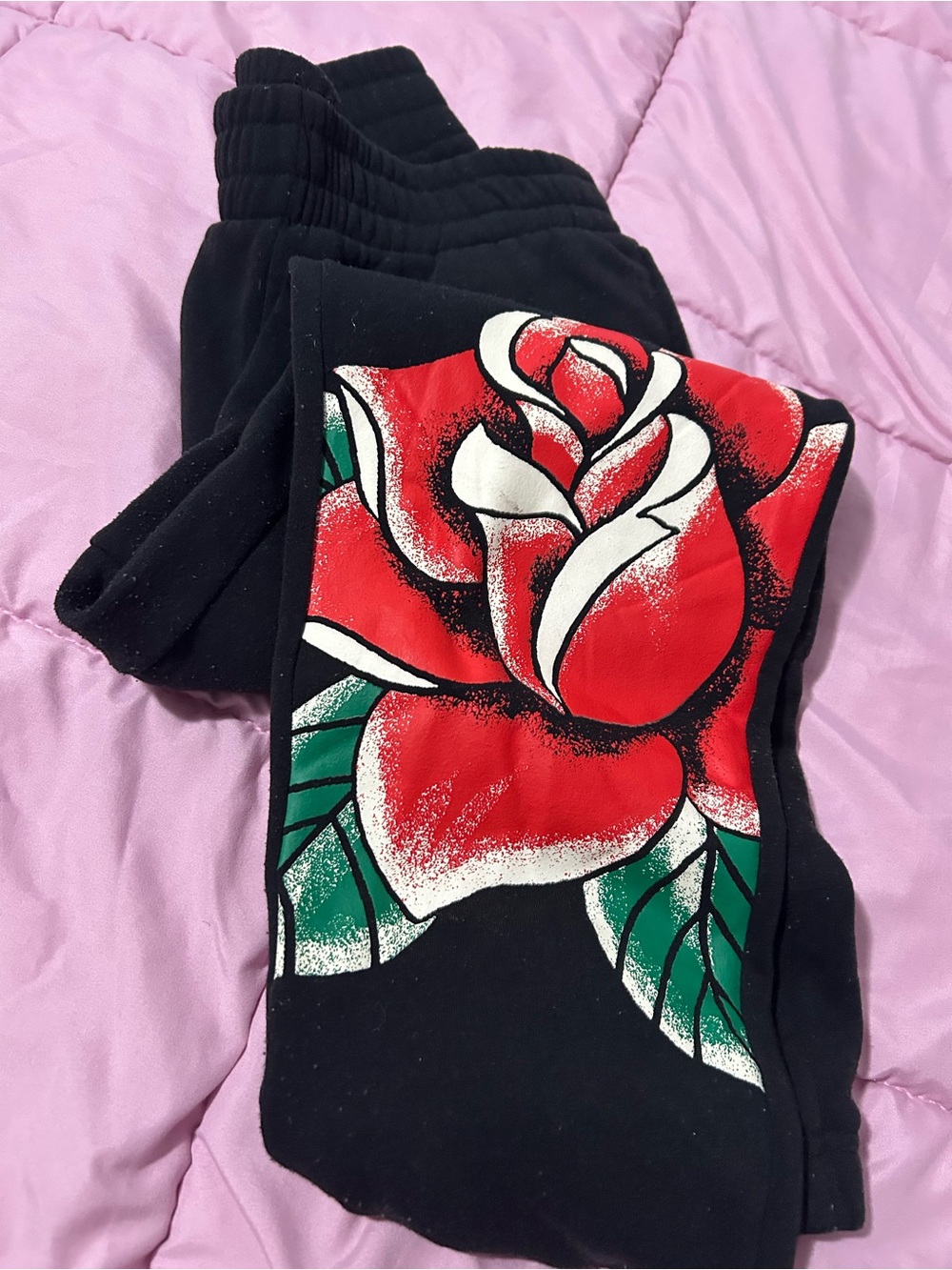 Black Sweatpants with Red Rose Graphic & Pockets